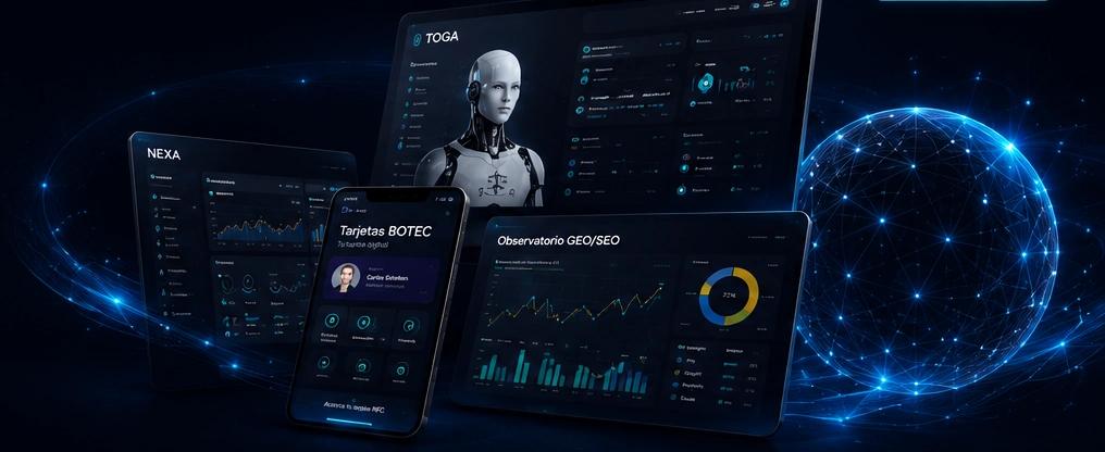 Interfaces de productos BOTEC: TOGA, NEXA, Tarjetas BOTEC y Observatorio GEO/SEO